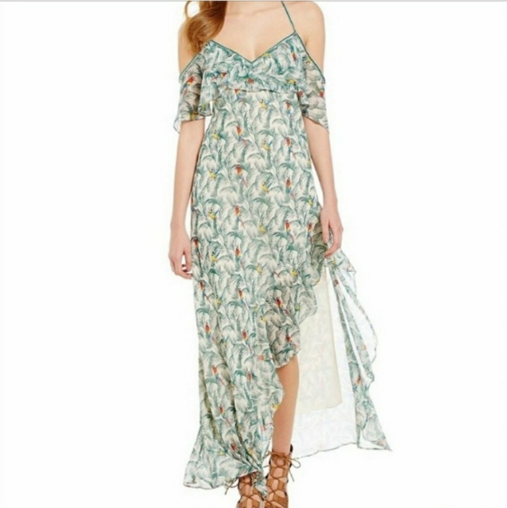 Chelsea & Violet 💚 tropical bird print cold shoulder asymmetric maxi dress